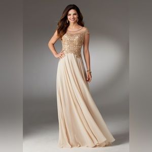 MGNY Chiffon Social Occasion Gown with Beaded and Embroidered Bodice